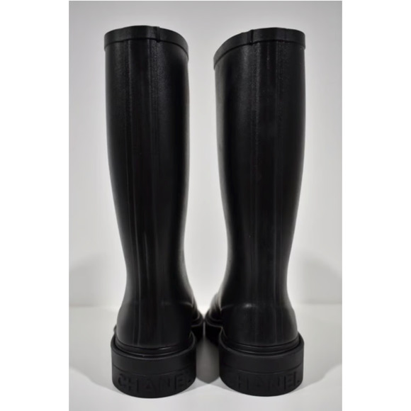 Chanel 22K Black White Caoutchouc CC Logo High Pull On Rubber Rain Boots 42 - Picture 8 of 12